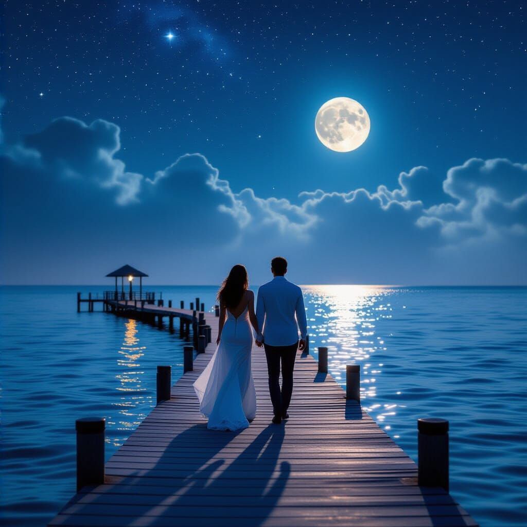 Romantic Couple Stroll Under Starry Night Sky