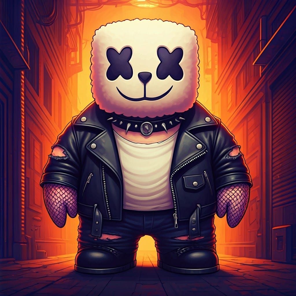 Punk Marshmallow Creature in Graffiti Alleyway