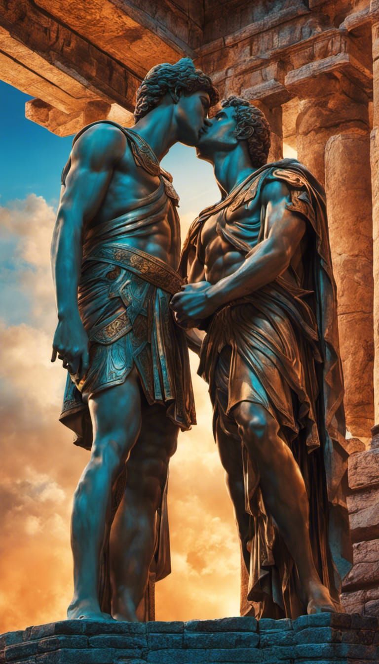 two men kissing at the temple of apollo in delphi detailed splash art, concept art, mid shot, intricately detailed, colo...