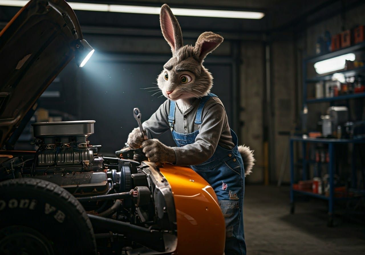 Rabbit Mechanic Tunes High-Performance Racecar in Garage Wor...