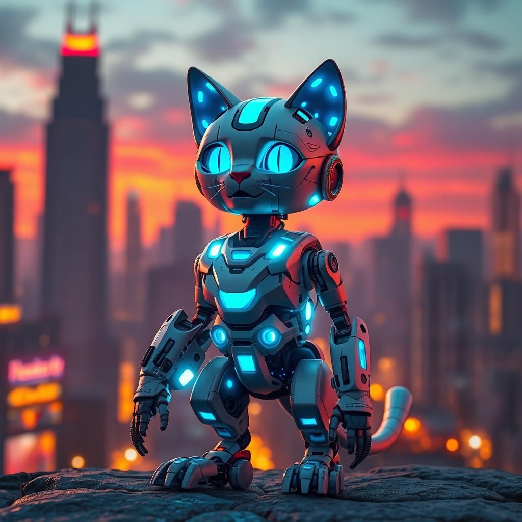 Cyberpunk Cat Robot in Cityscape Concept Art
