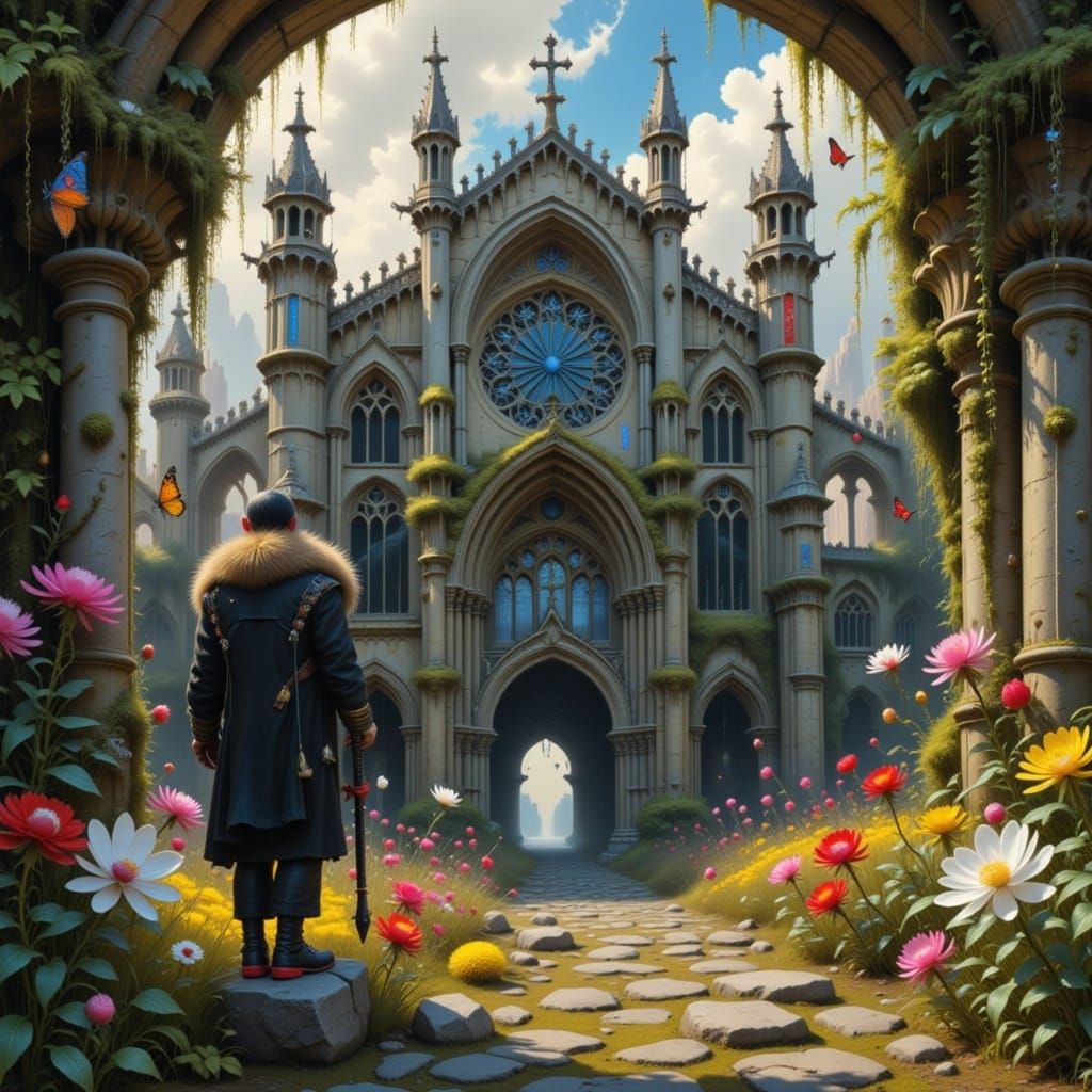 Gothic Cathedral with Neon Scooter and Hello Kitty Gargoyle