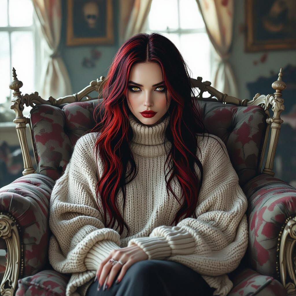 Eerie Woman on Bone Couch in Horror Art Style