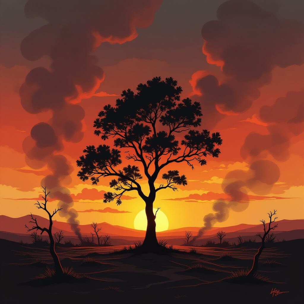 Fiery Sunset Silhouette in Egon Schiele-Klimt Style