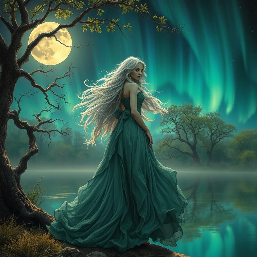 Moonlit Goddess in Whimsical Aurora Landscape