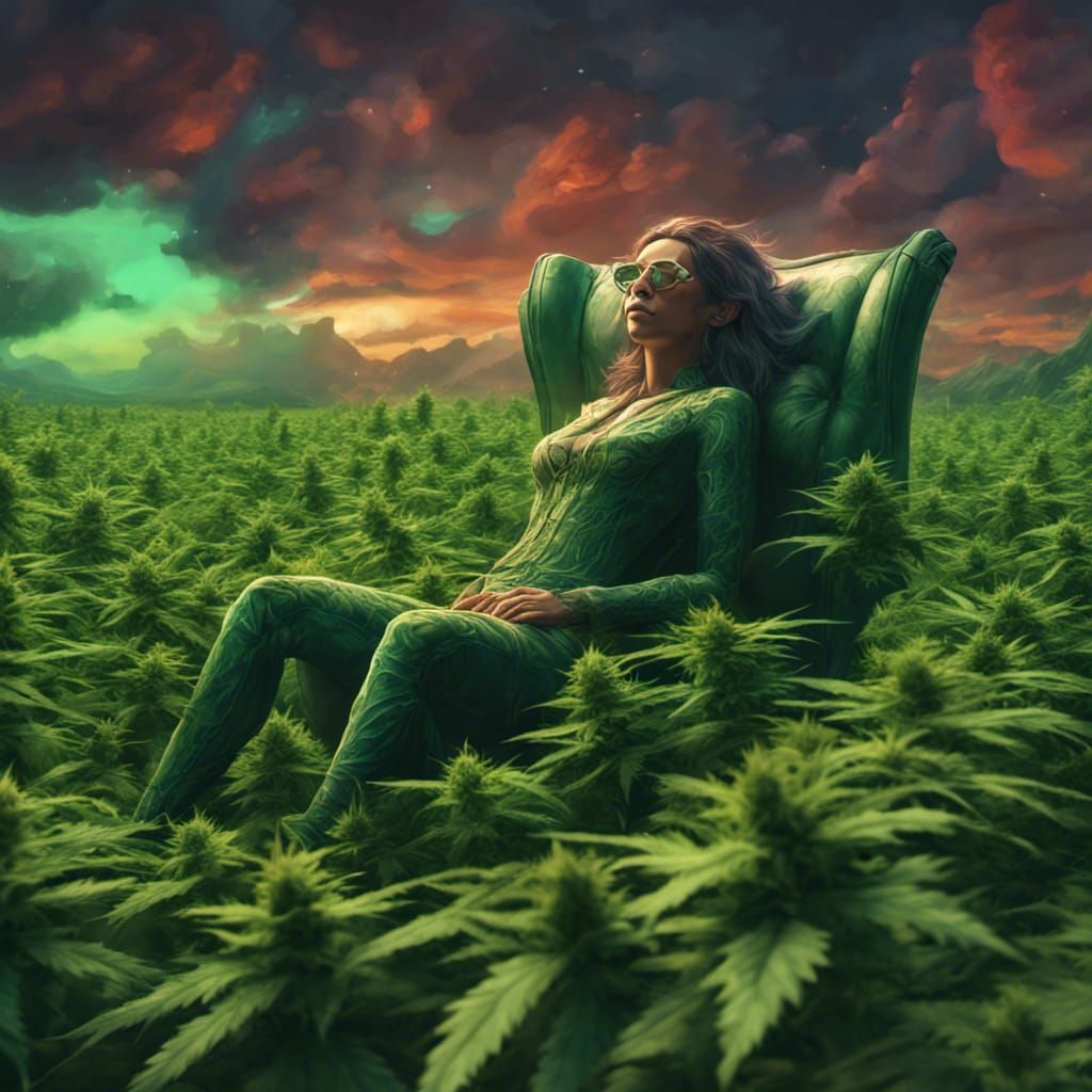 Serene Figure in Green Cannabis Fields: Fantasy Concept Art