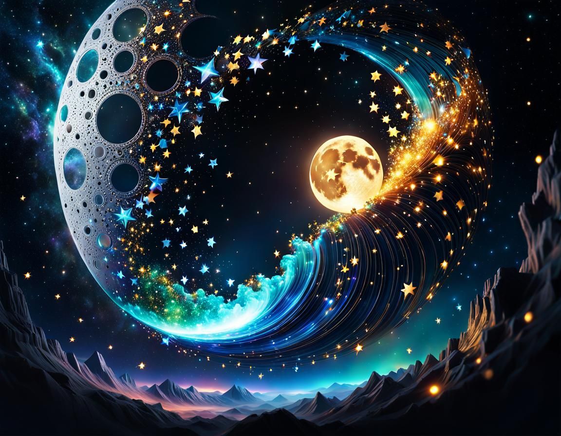 Hollow Moon Filled with Shining Stars: Hyperrealistic Splash...