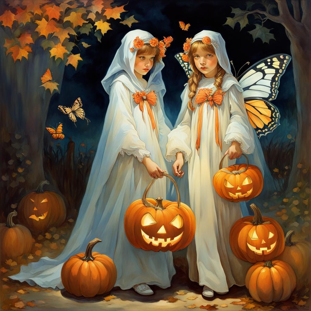 Girls in Halloween Costumes, Alphonse Mucha Style