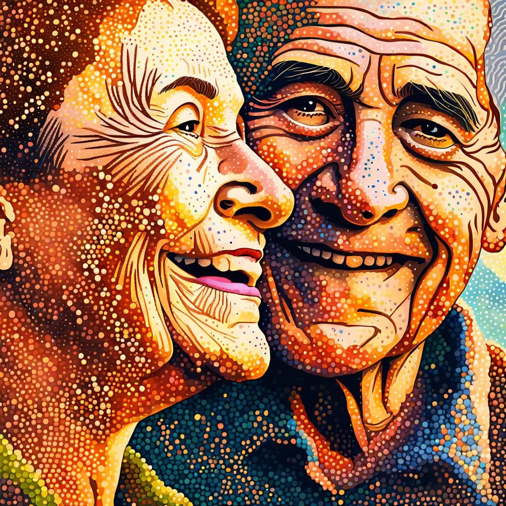 Smiling Elders Couple in Pointillism Portrait