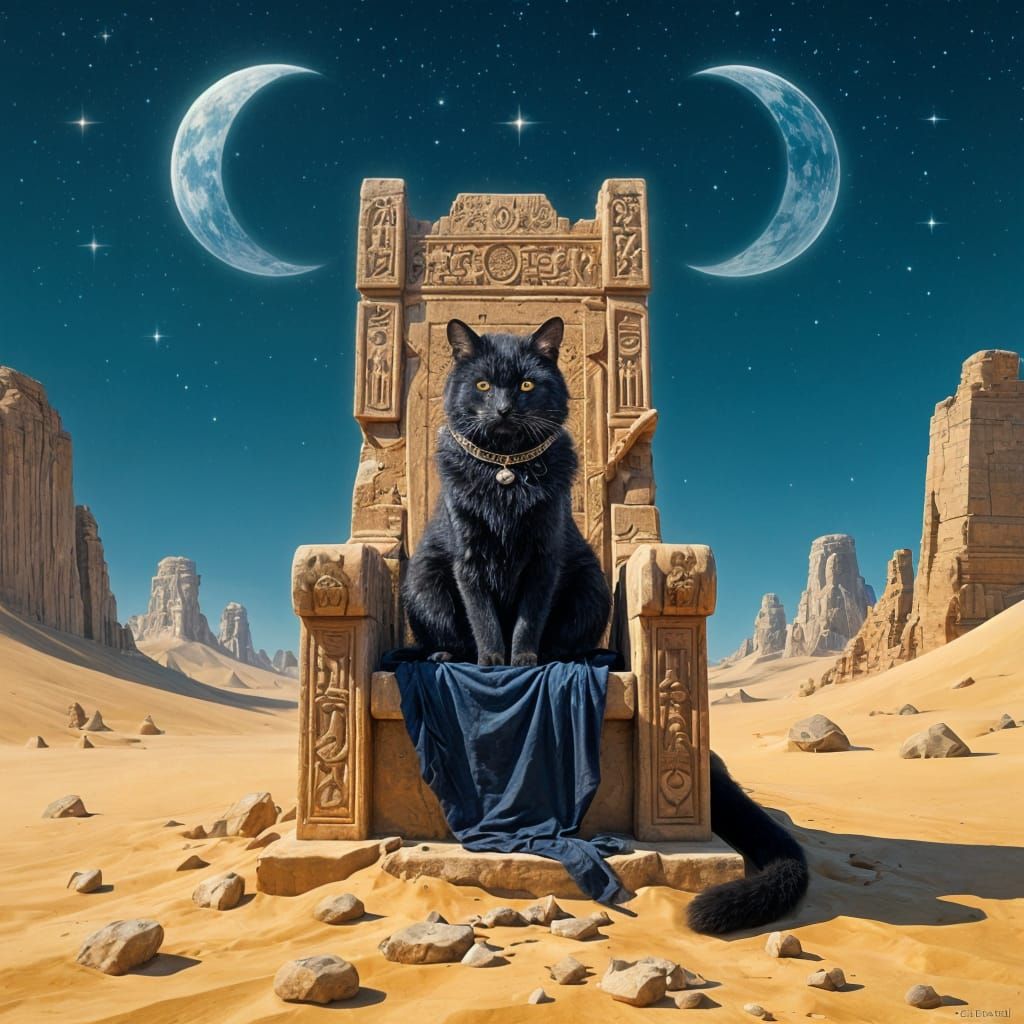 Obsidian Cat on Throne Under Twin Moons