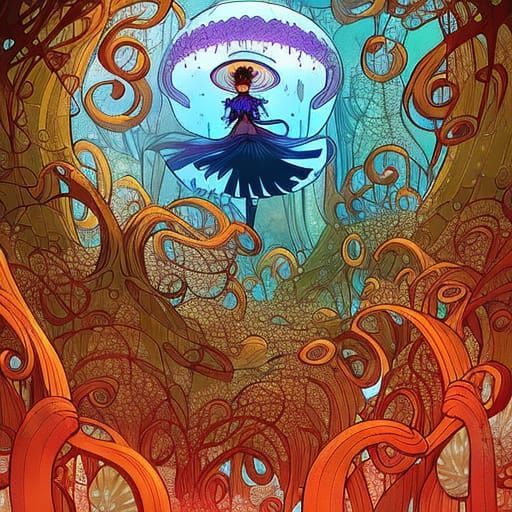 Girl with Glowing Jellyfish in Enchanted Forest