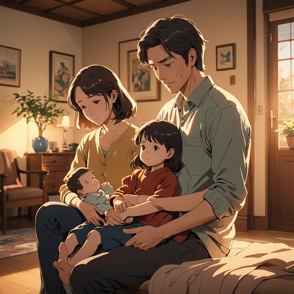 Heartwarming Anime Family Portrait in Golden Light
