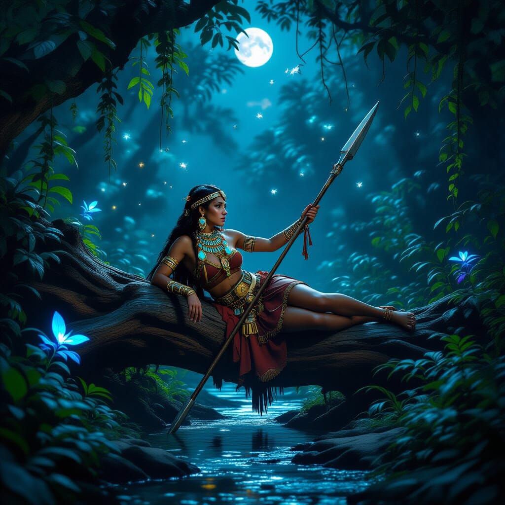 Inca Warrior Resting in Mystical Jungle at Night