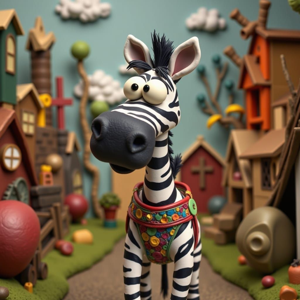 Claymation Zebra in Whimsical Environment