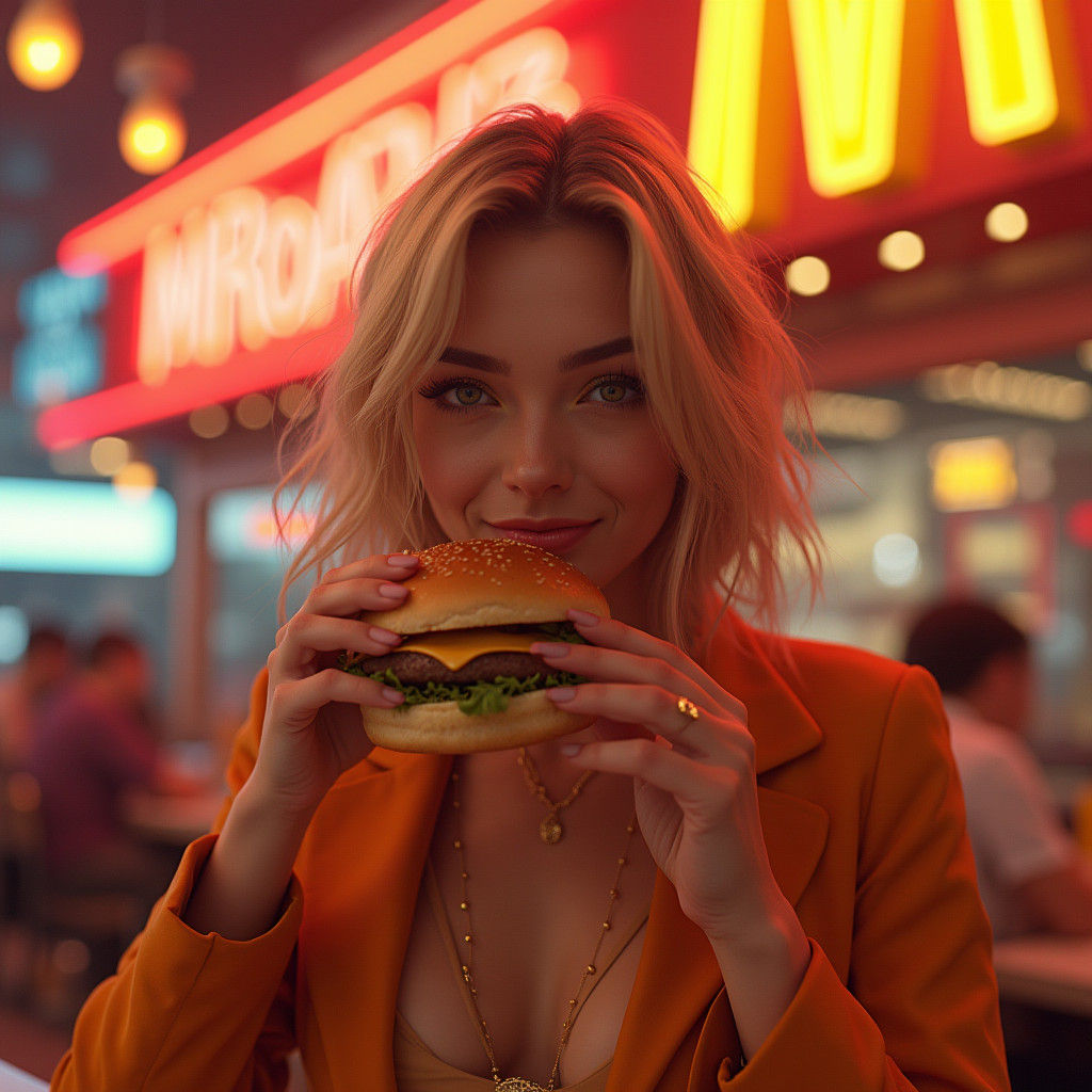 Woman Savoring Burger in Dreamlike Sci-Fi World