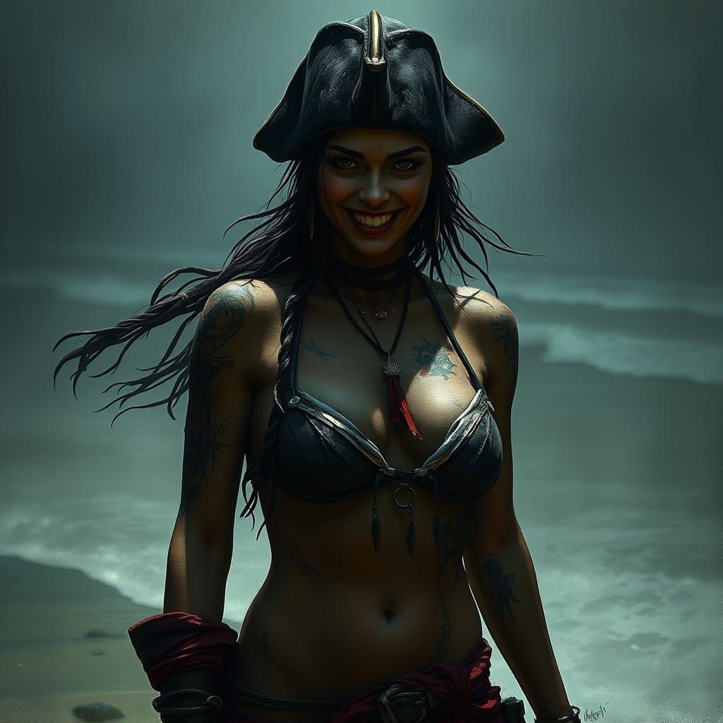 Fearsome Pirate Woman on Dark Beach in Dramatic Style