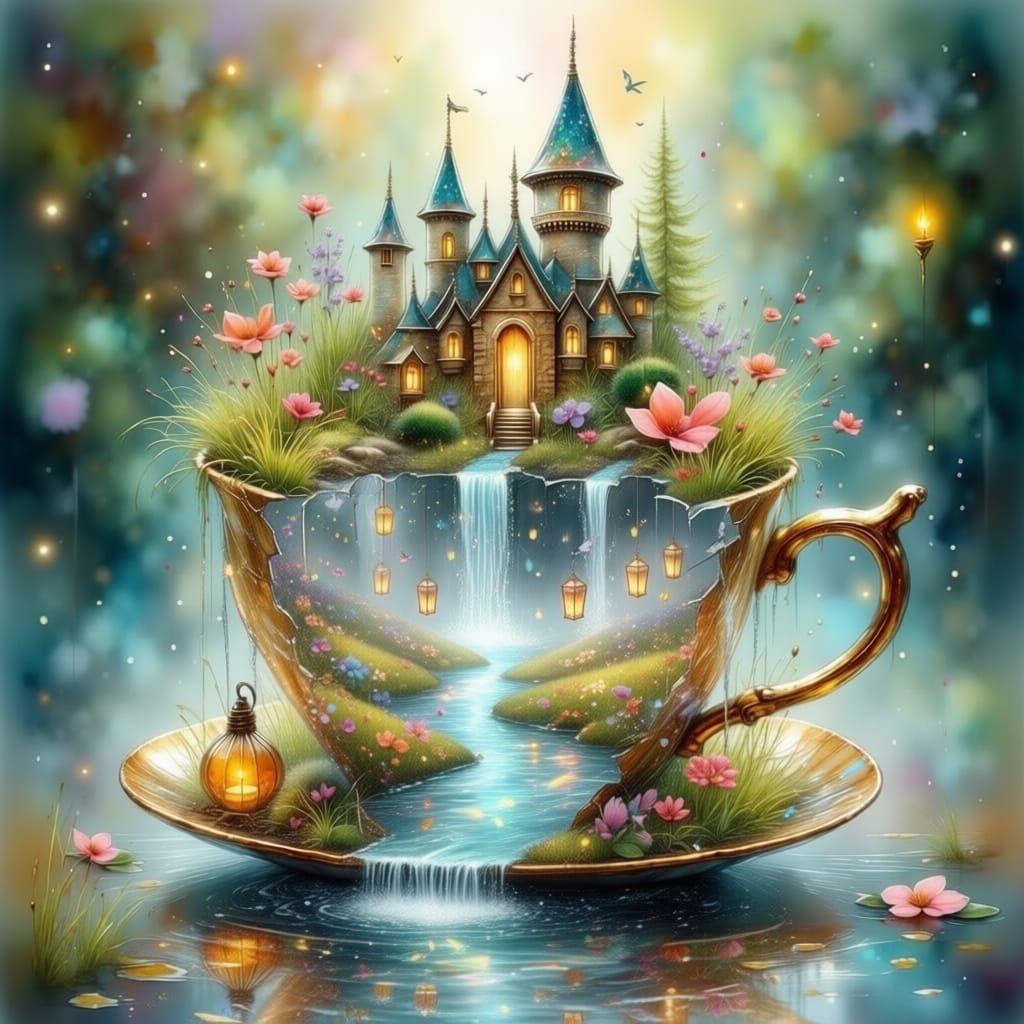 Fantasy Castle Emerges from Broken Glass Cup