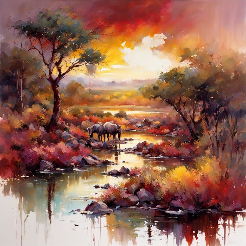 African savannah in summer at red copper sunset