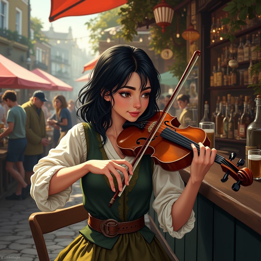 Woman Playing Violin in Irish Market, Hyper-Realistic Style