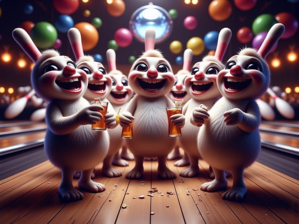 Anthropomorphic Bowling Pins in Prom Attire Dance at Disco P...