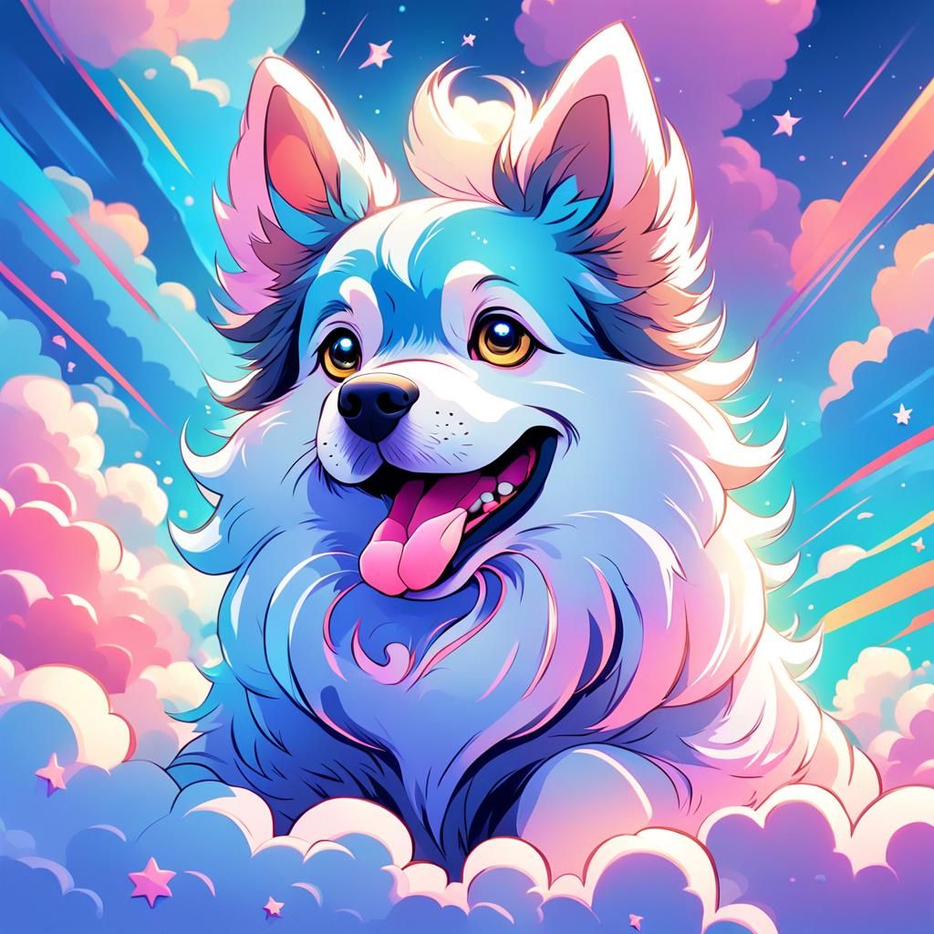 Anime Dog on Cloud in Vibrant Digital Art