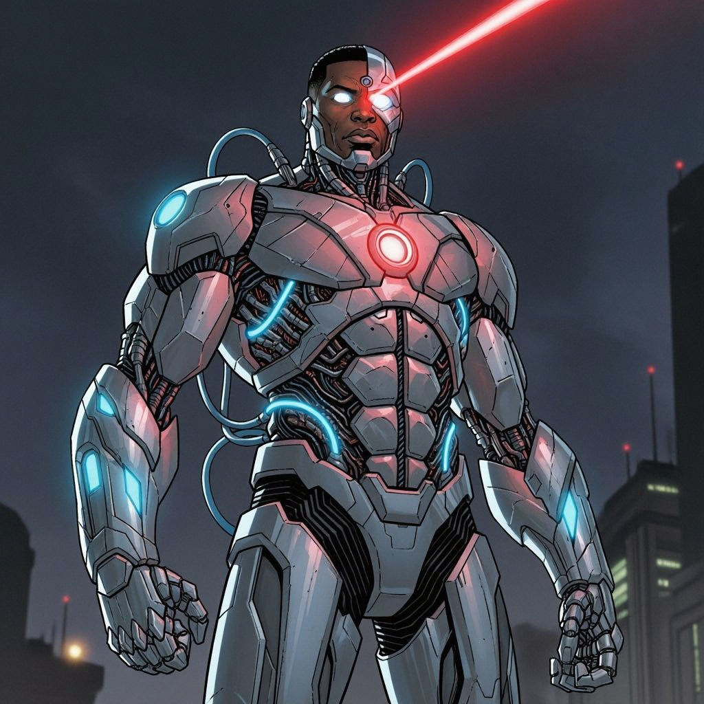 Cyborg Superhero with Glowing Red Aura