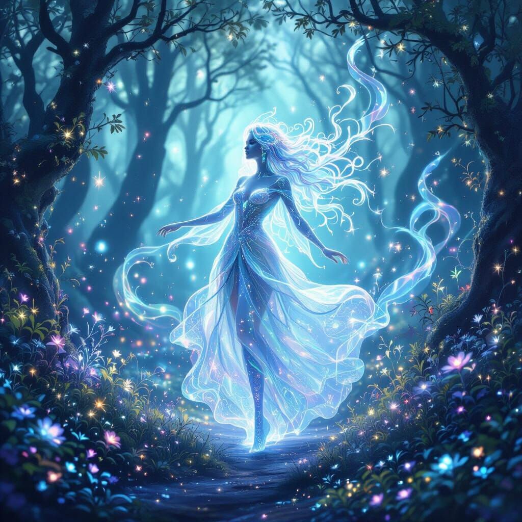 Stardust Being Dances in Bioluminescent Forest