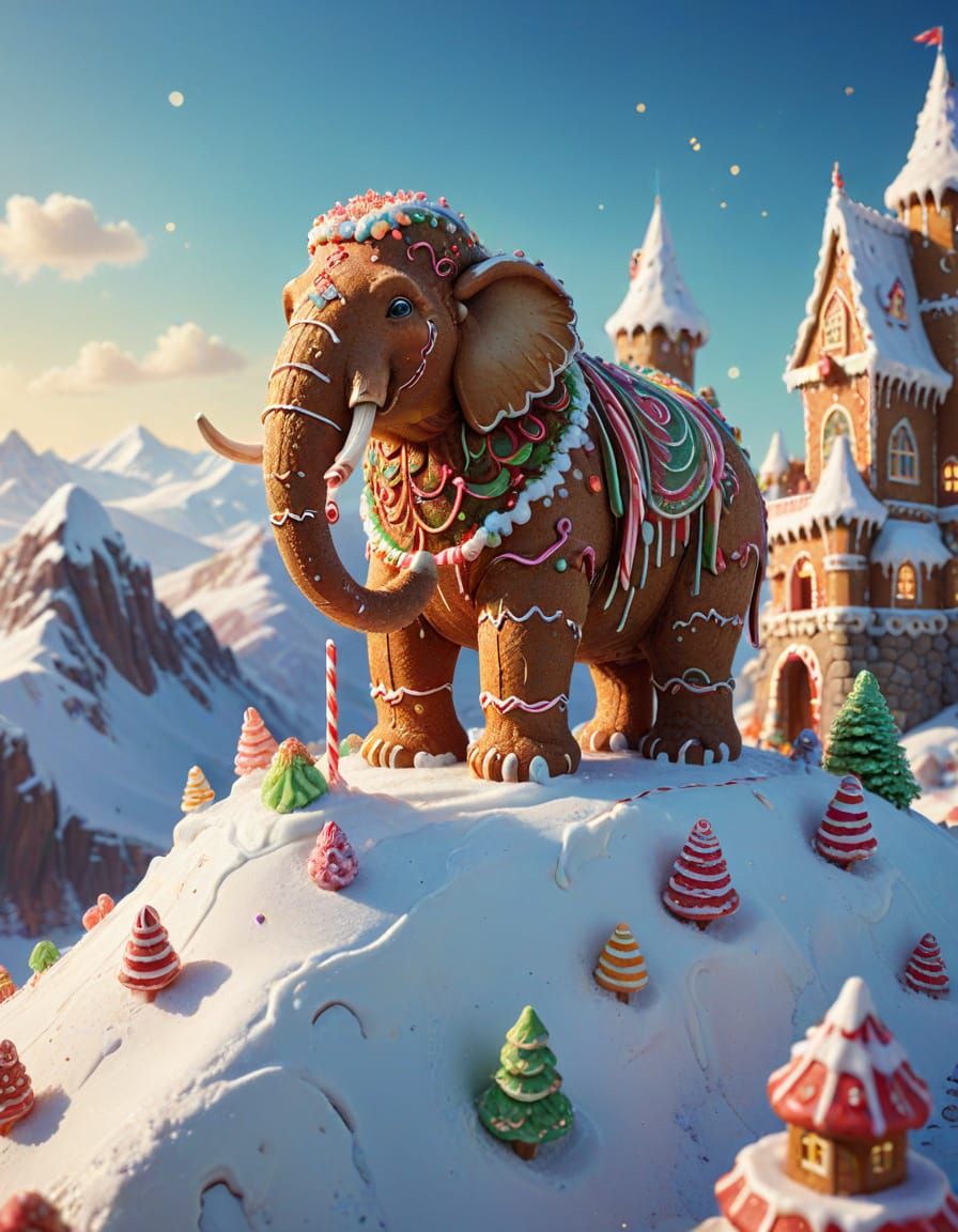 Gingerbread Mammoth Guarding a Candy Fortress