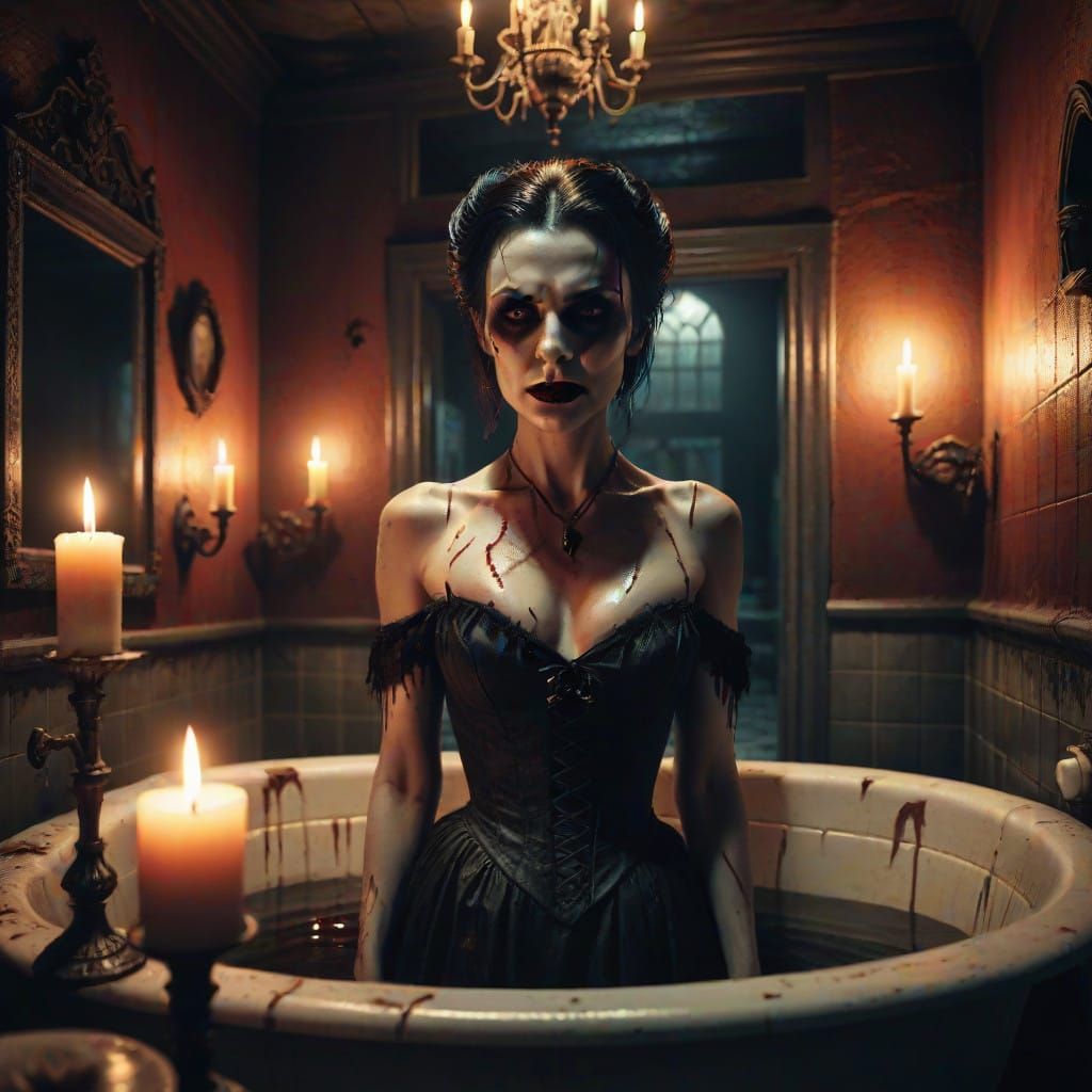 Ethereal Vampire in a Haunted Mansion Bathroom Scene