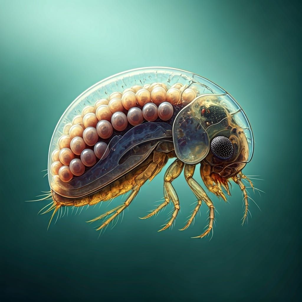 Water Flea with Eggs, Microscopic Biomechanical Illustration