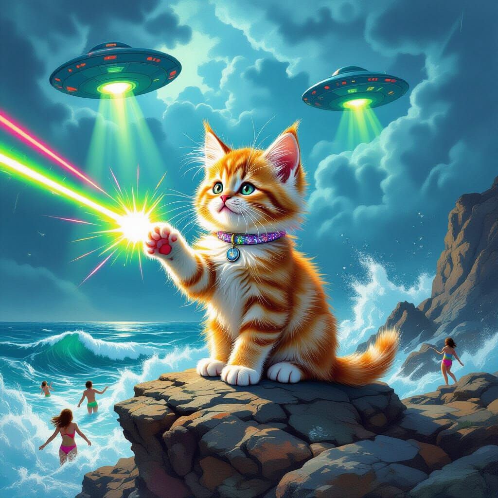 Giant Kitten Unleashes Laser Chaos in Comic Art Style