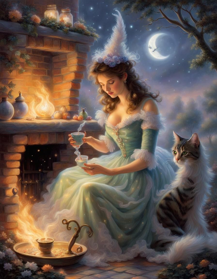 Fantasy Witch Brews Potion in Ethereal Moonlight
