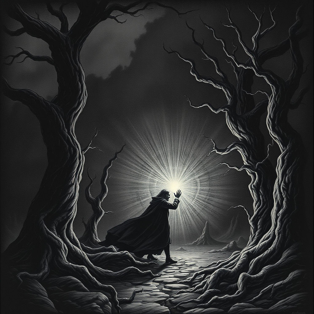 Haunting Figure Recoils From Light in Gothic Landscape