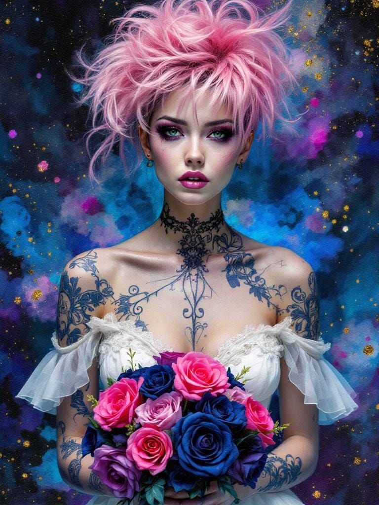 Punk Bride with Pink Mohawk and Rose Bouquet