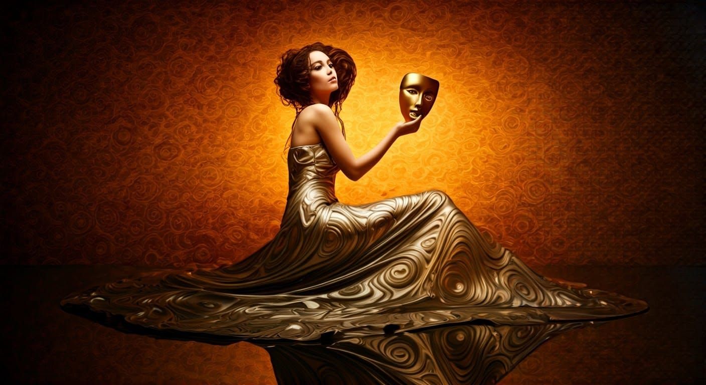 Elegant Woman in Golden Mercury Gown with Masks