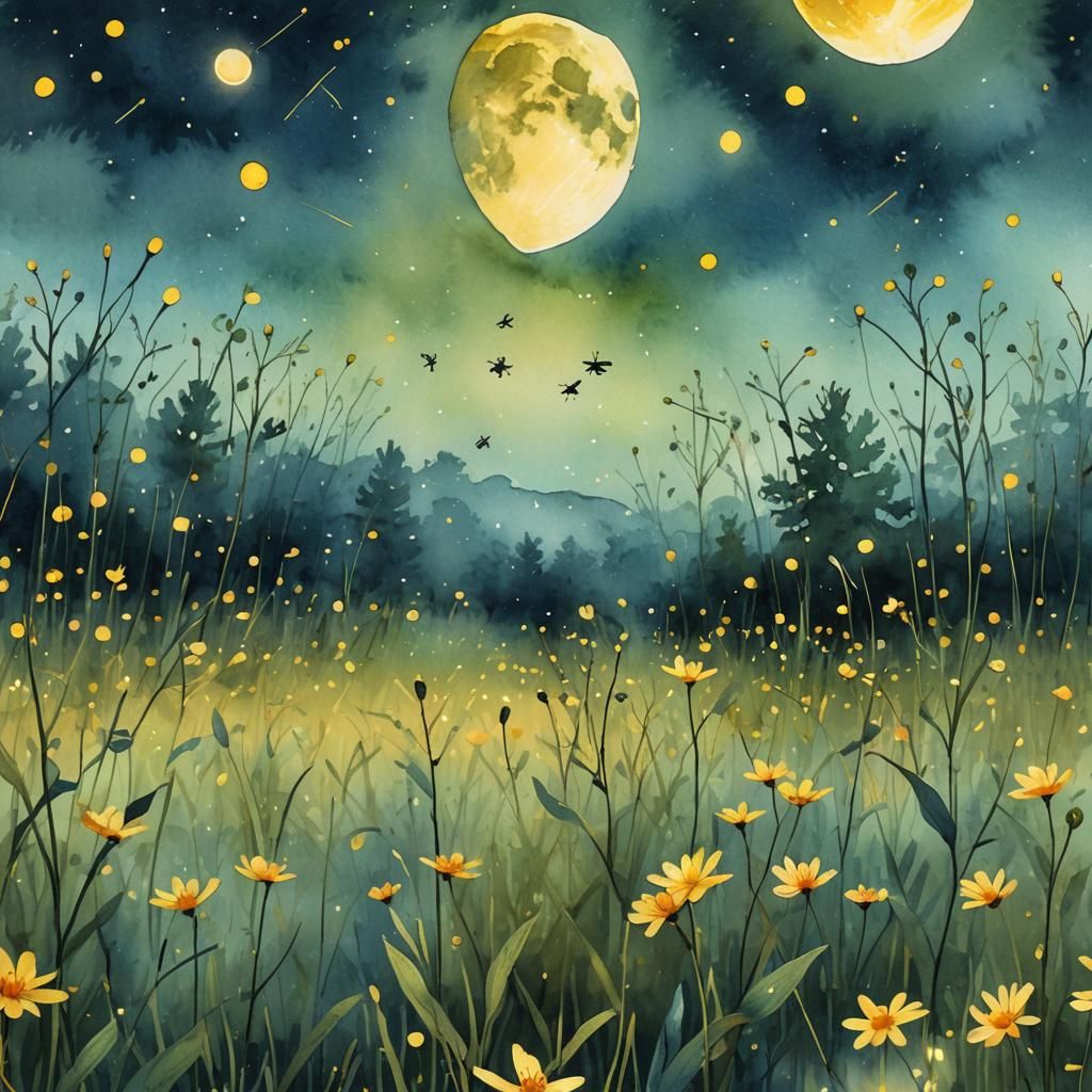Fireflies Dance Under Moonlight in Watercolor Style