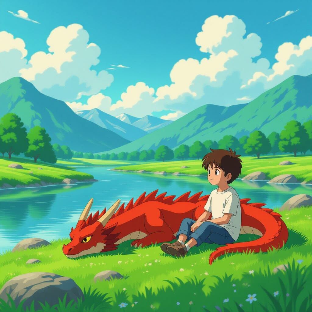 Boy and Dragon by River in Cinematic Style