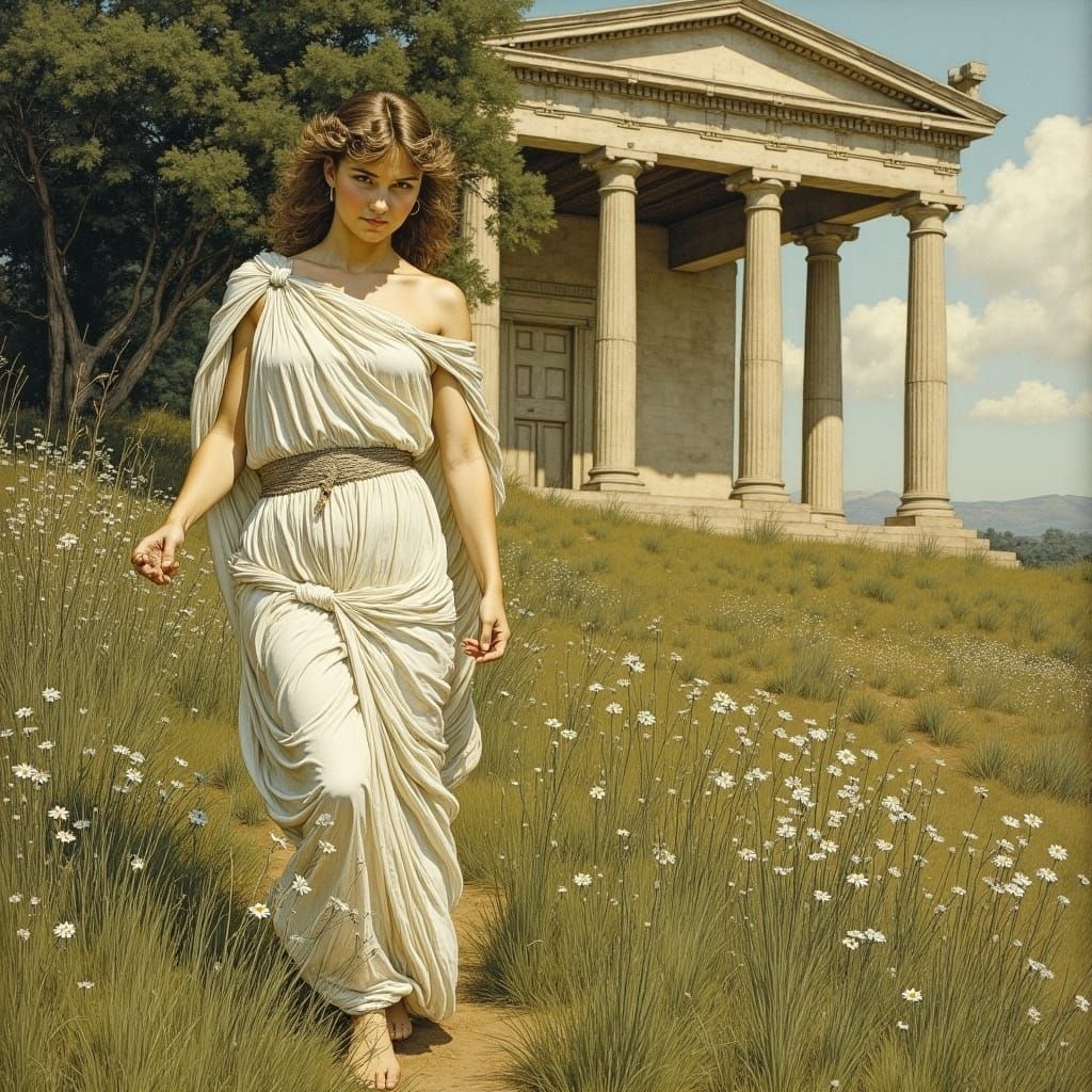 Greek Maiden Gathering Flowers by Temple, Neoclassical Style