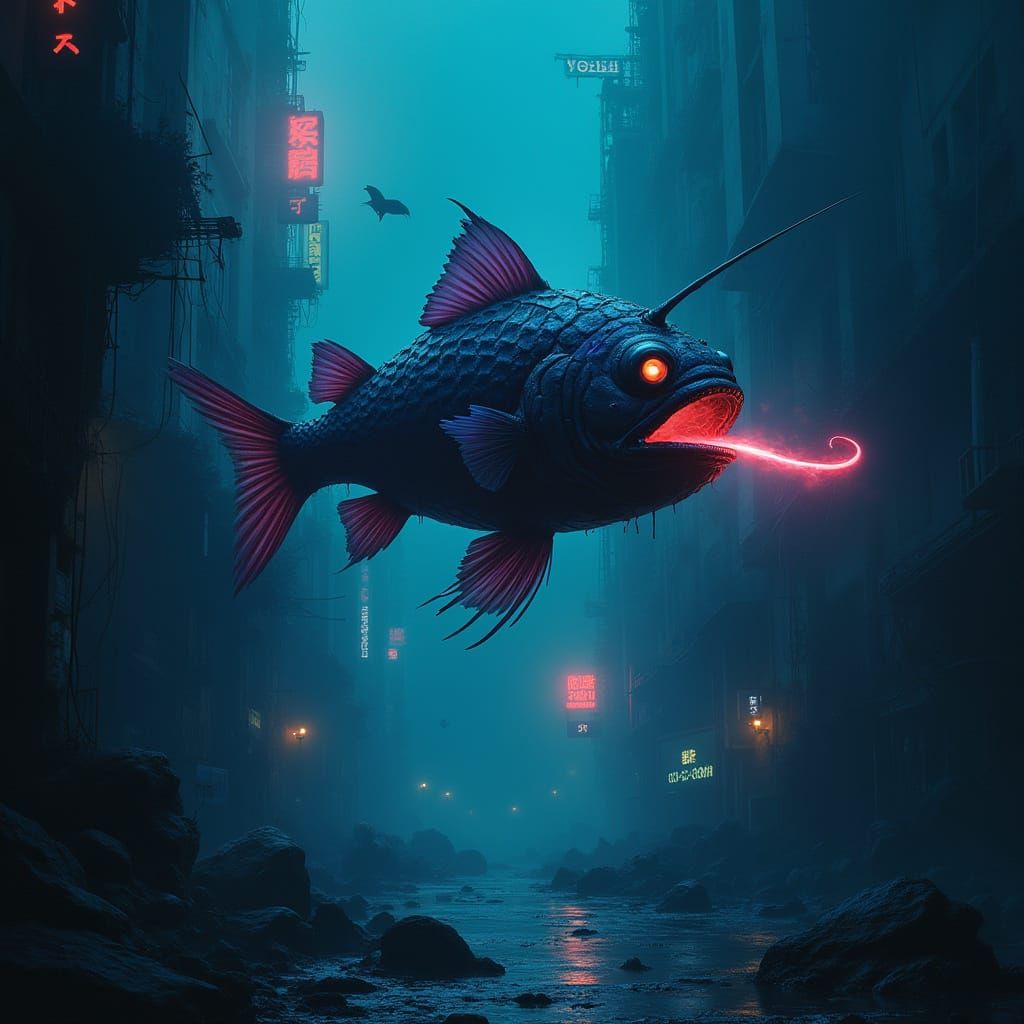 Bioluminescent Anglerfish Illuminates Sunken Cyberpunk City