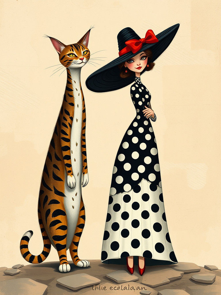 Stylized Cat and Woman in Modigliani-esque Portrait