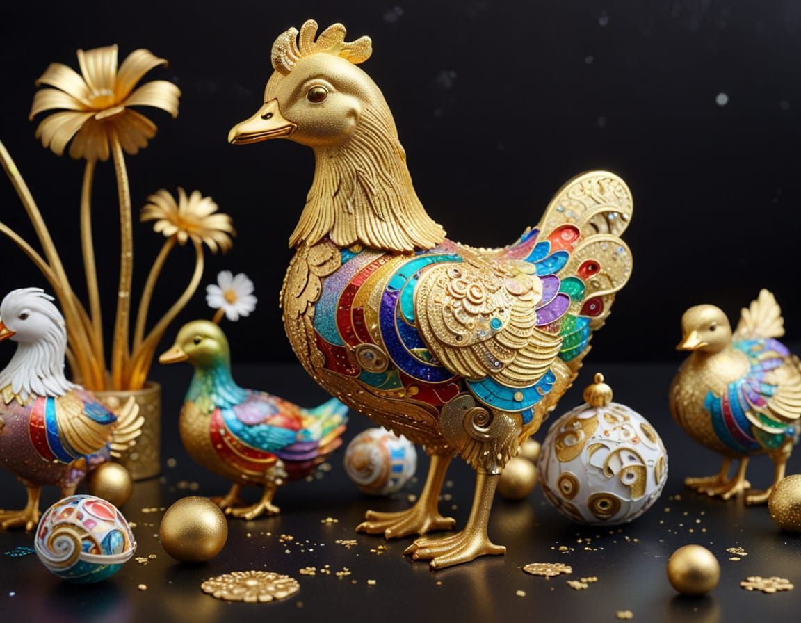 Rainbow Chicken with Duckling in Art Nouveau Style