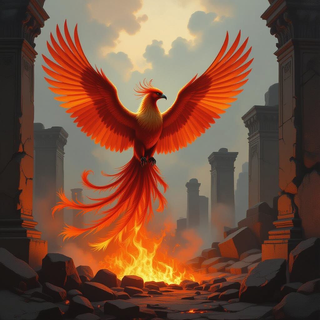 Majestic Phoenix Rises From Embers in Oil Painting Style