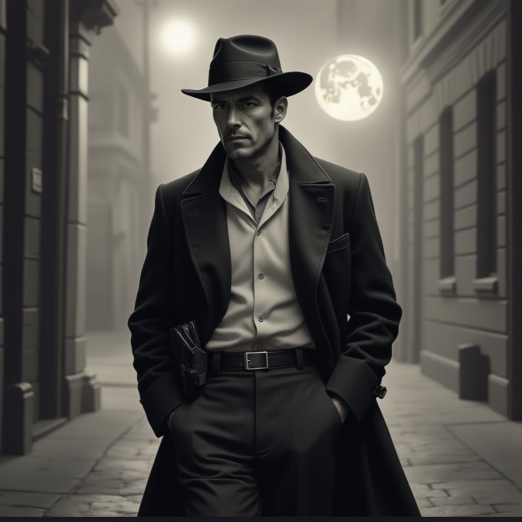 1930s Noir Detective on San Francisco Street at Night