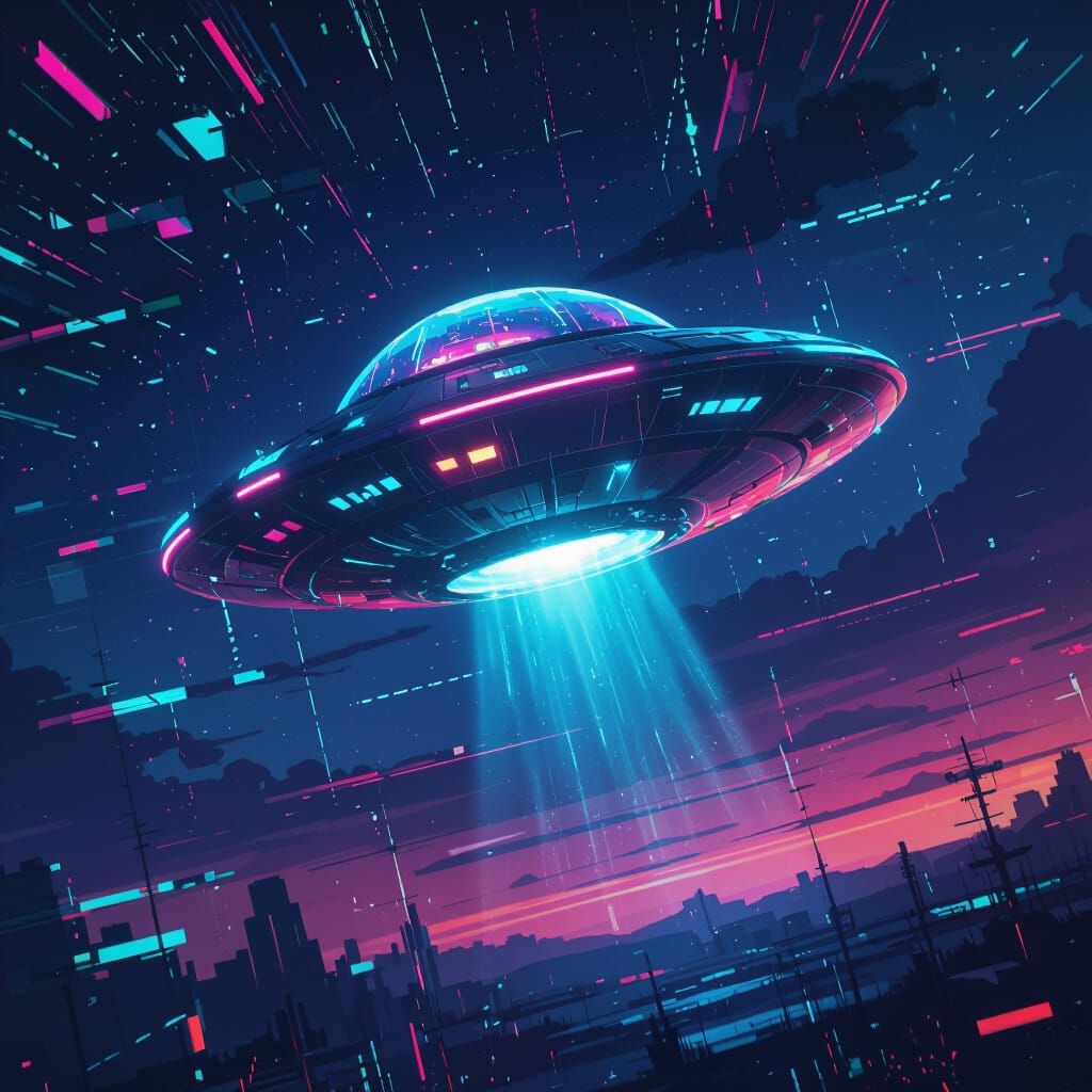Neon UFO in Glitchcore Style with Digital Artifacts
