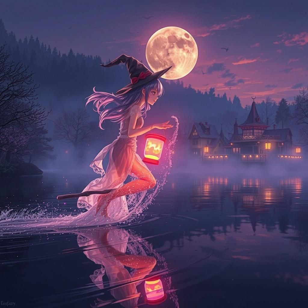 Whimsical Witch Rides Broomstick to Dark Forest