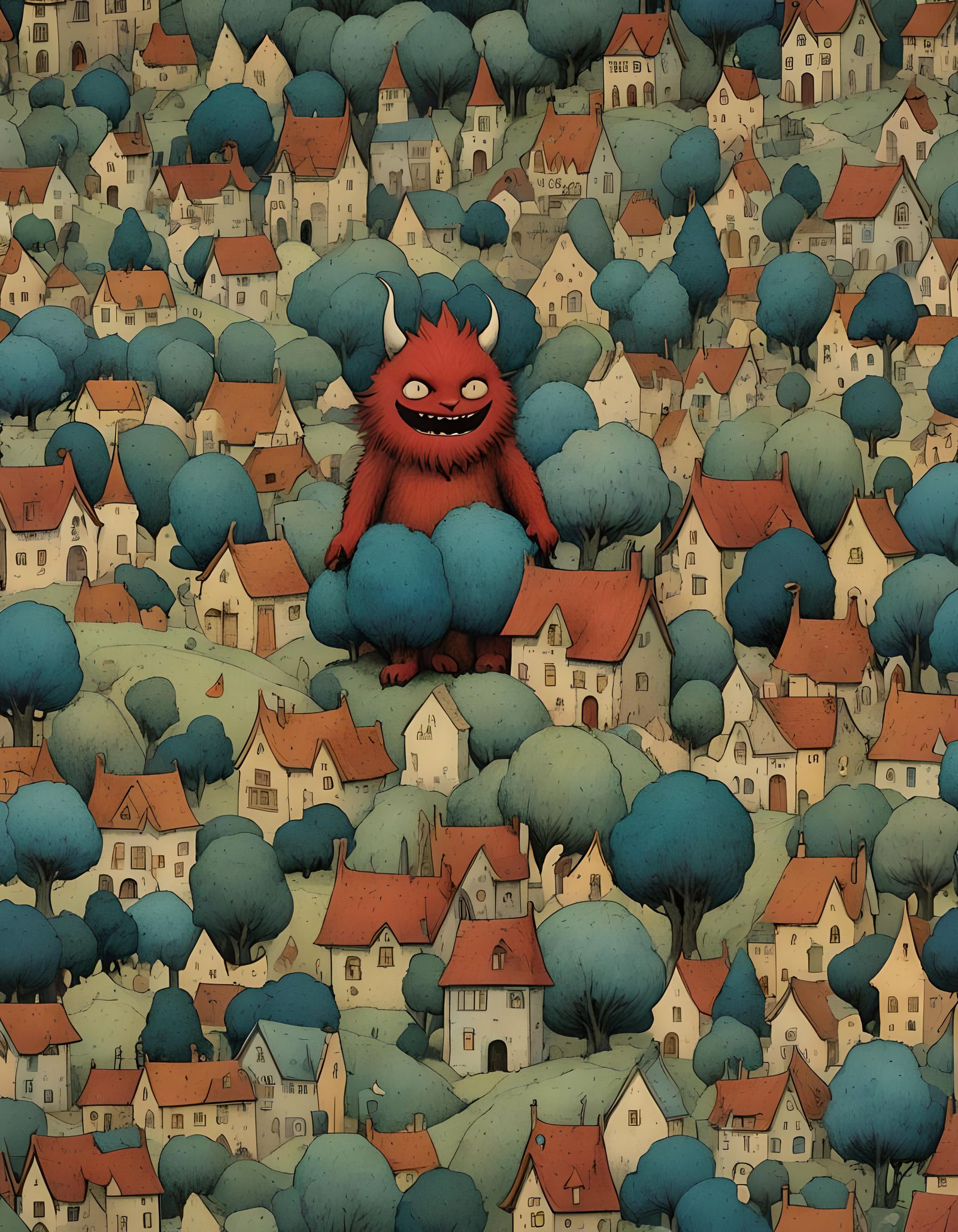 Fluffy Giant Devil Laughing in Village Square