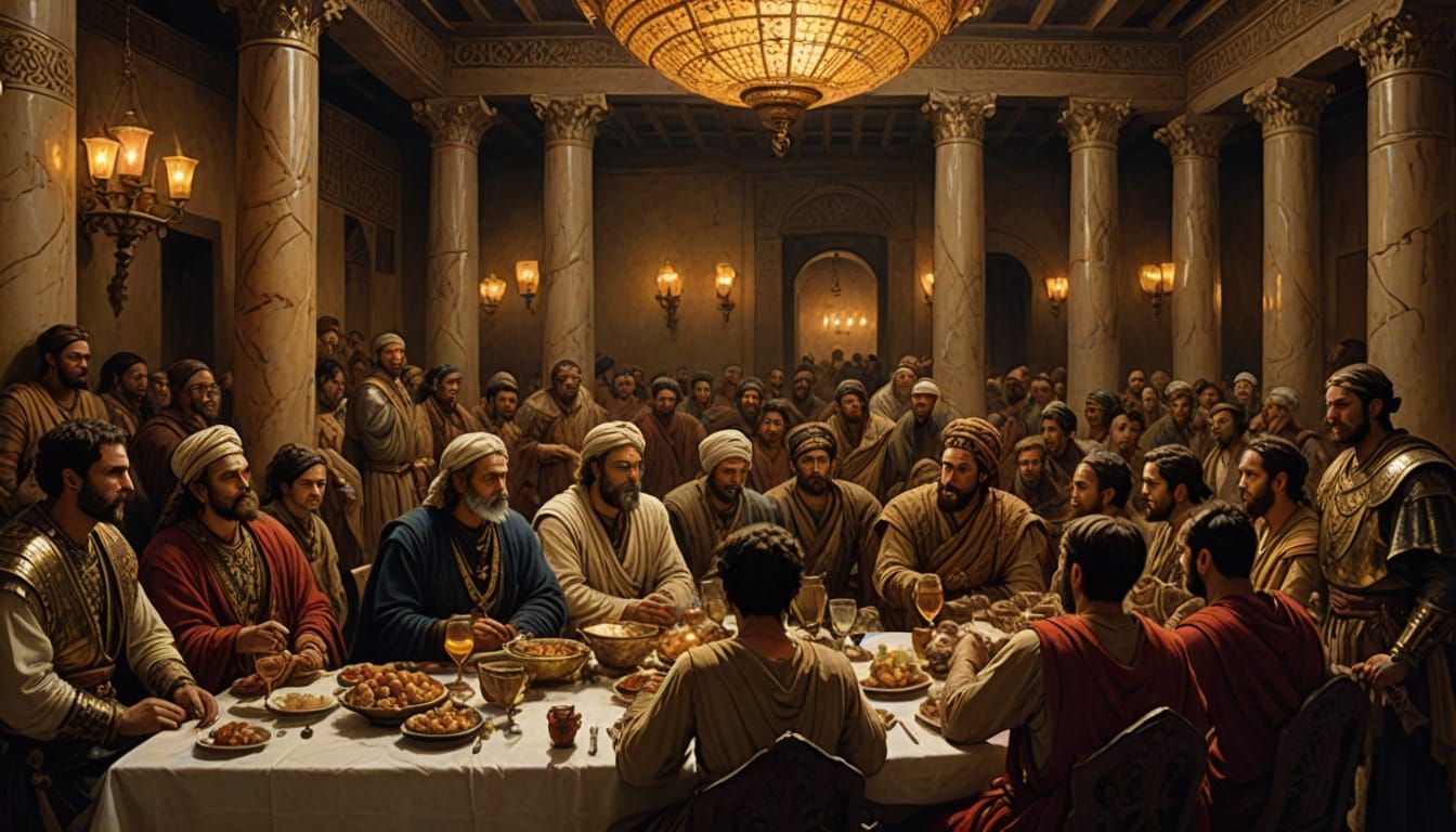 Ancient Babylon Banquet Hall in Muted, Golden Light