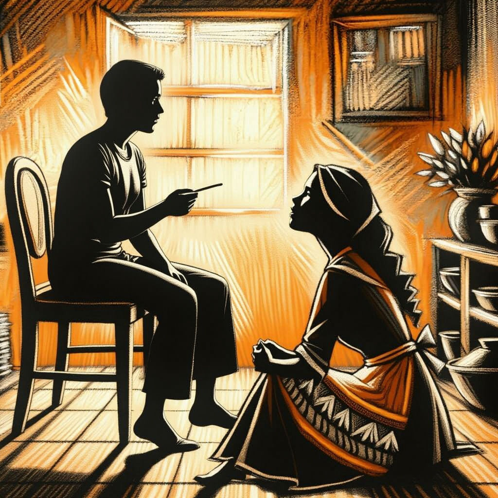 Modern Charcoal Drawing: Teaching Scene in Urban Home