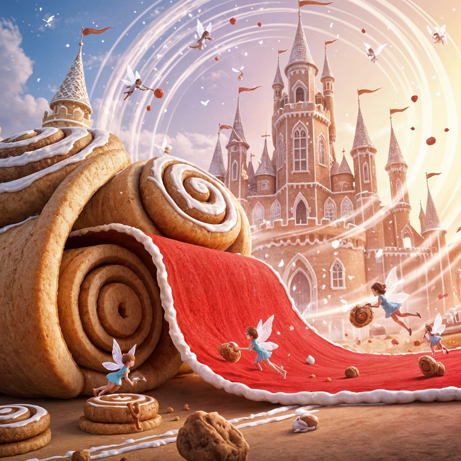 Giant Cinnamon Roll Red Carpet to Gingerbread Castle with Fa...