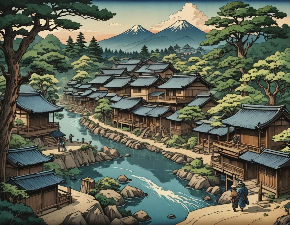Japanese Village in Hokusai Woodblock Style